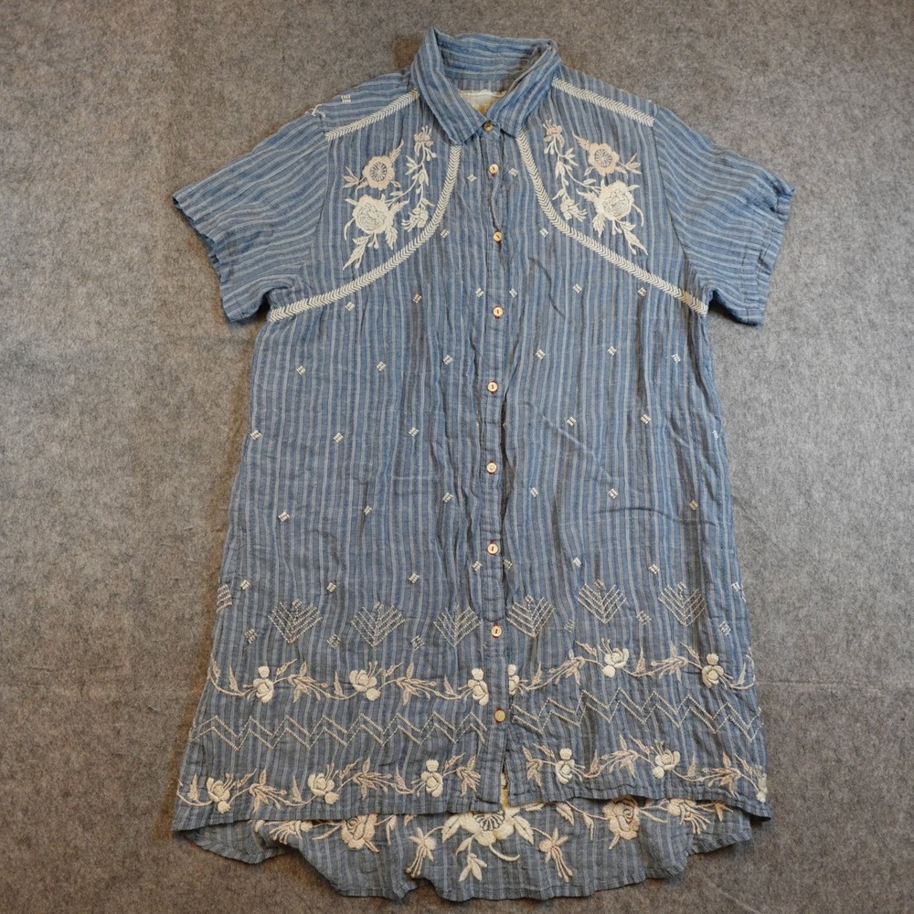 Johnny Was Dress Womens Large Blue Embroidered Floral Striped Shirt Mini Boho